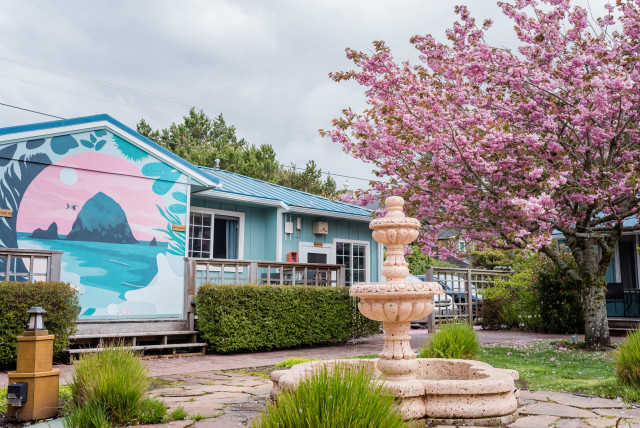 Inn at Haystack Rock with cherry blossoms